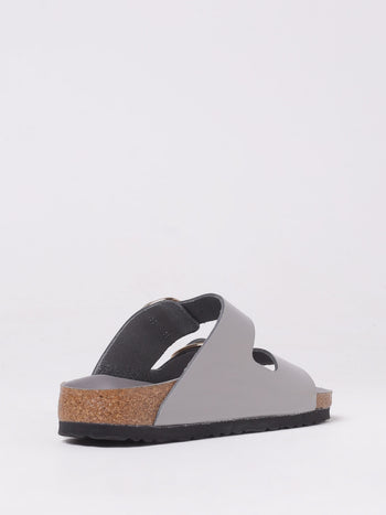 Quattro Stagioni Arizona big buckle shine grey leather sandals with cork footbed.