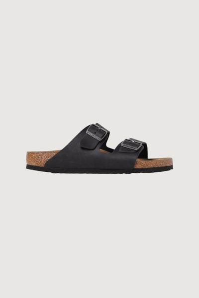 Quattro Stagioni Arizona black leather double strap cork footbed sandals with adjustable buckles.