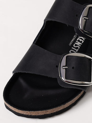 Quattro Stagioni black leather Arizona sandals with large silver buckles and anatomically shaped cork footbed.