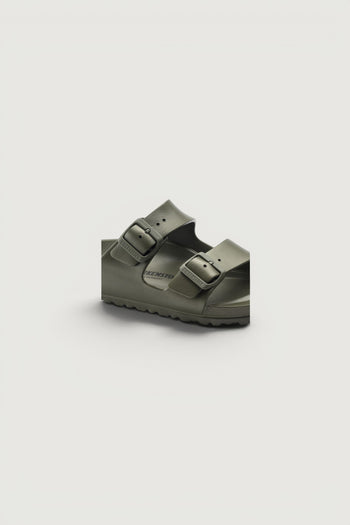 Quattro Stagioni Birkenstock Arizona khaki EVA sandals with adjustable buckles and anatomically shaped footbed.