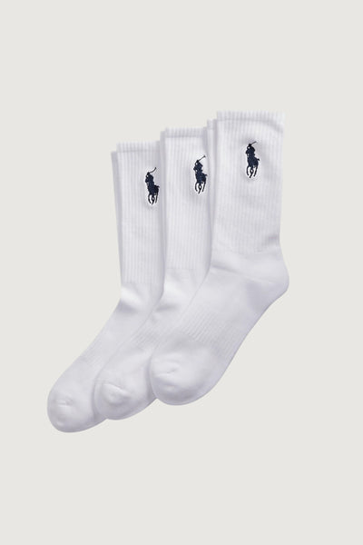 Quattro Stagioni white cotton crew socks 3-pack with navy Big Pony embroidery.