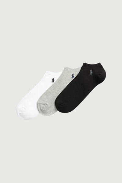 Quattro Stagioni 3-pack no-show socks in white, grey, and black. Cotton blend with embroidered pony logo.