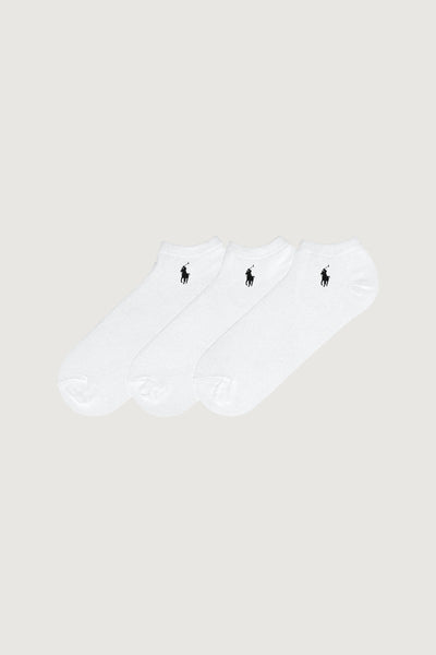 Quattro Stagioni white cotton blend no-show socks with black polo player logo, 3-pack.