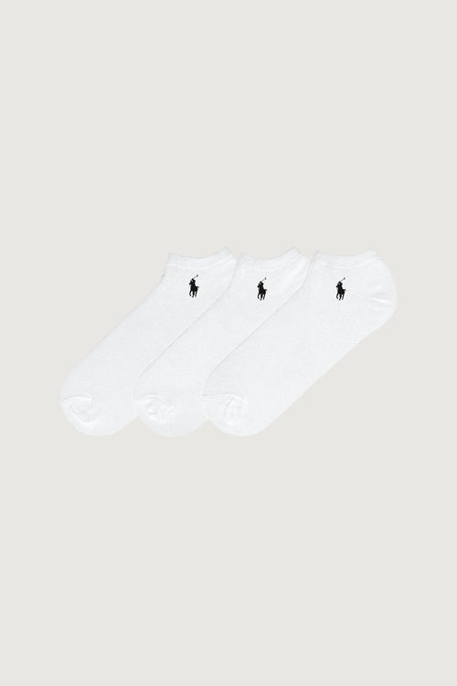 Quattro Stagioni white cotton blend no-show socks with black polo player logo, 3-pack.