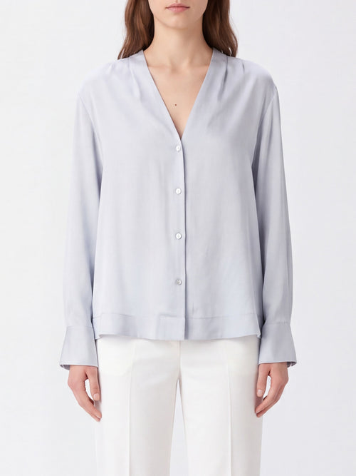 FORTE_FORTE-15382 GREY-camicia con sciarpa frangia  raso seta