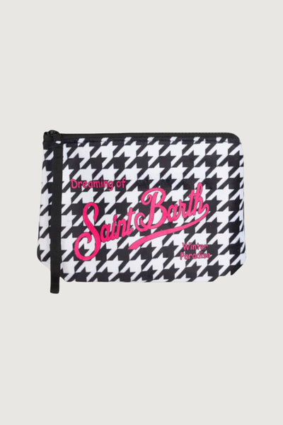 Quattro Stagioni black and white houndstooth zippered pouch with pink "Saint Barth" graphic and "Winter Paradise" text.