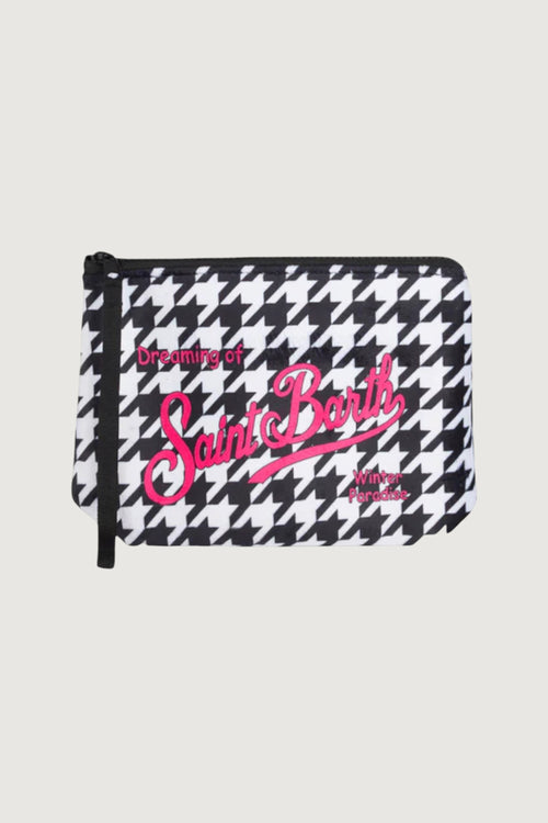 Quattro Stagioni black and white houndstooth zippered pouch with pink "Saint Barth" graphic and "Winter Paradise" text.