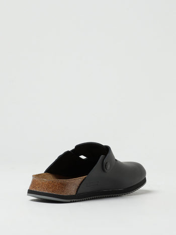 Quattro Stagioni black leather Boston clogs with cork footbed and adjustable strap.