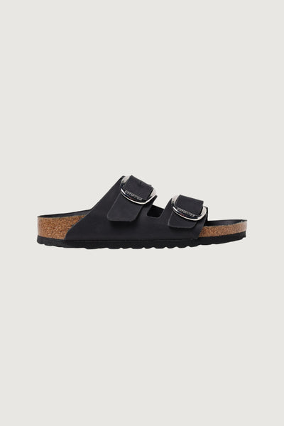 Quattro Stagioni black leather Arizona sandals with large silver buckles and cork footbed.