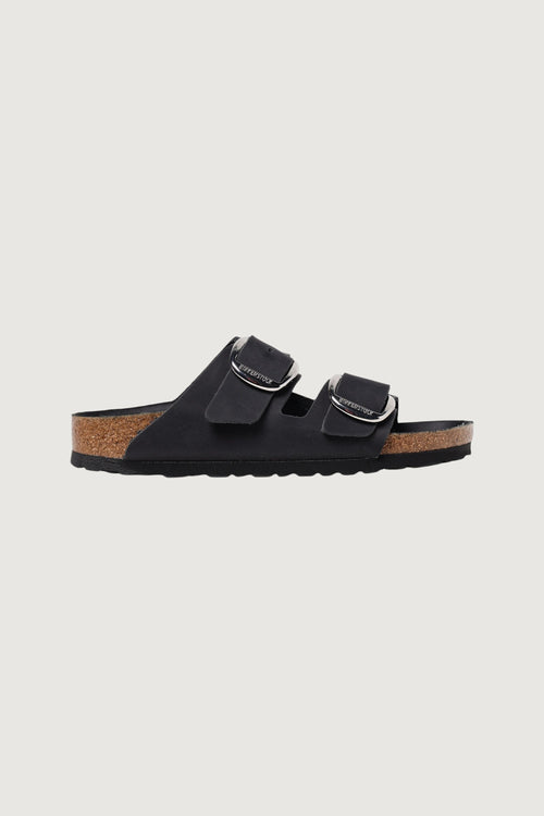 Quattro Stagioni black leather Arizona sandals with large silver buckles and cork footbed.