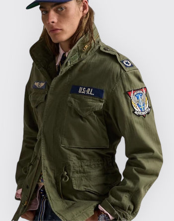 Quattro Stagioni olive green cotton field jacket with U.S. R.L. patch and military-inspired details.