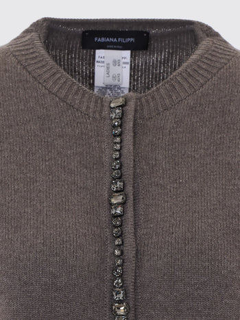 FABIANA FILIPPI-MAD226F498M480 1276-CARDIGAN GIROCOLLO IN PLATINUM CON CASTONI COLLO E