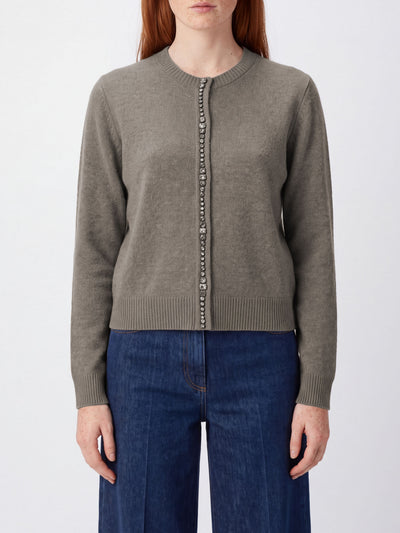 FABIANA FILIPPI-MAD226F498M480 1276-CARDIGAN GIROCOLLO IN PLATINUM CON CASTONI COLLO E