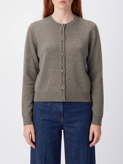 FABIANA FILIPPI-MAD226F498M480 1276-CARDIGAN GIROCOLLO IN PLATINUM CON CASTONI COLLO E