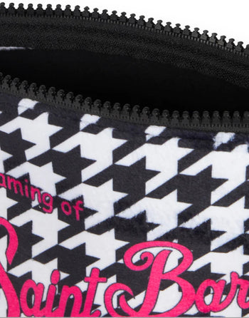 Quattro Stagioni black and white houndstooth pattern cosmetic bag with pink lettering.