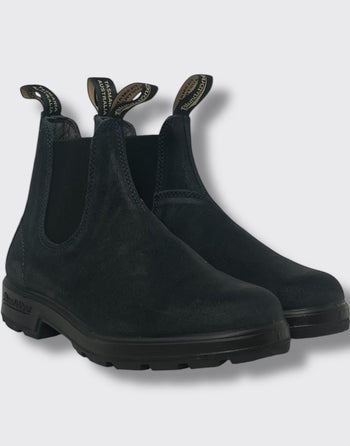 Quattro Stagioni black suede Blundstone Chelsea boots with elastic side panels and pull tabs.