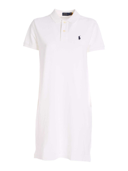 Abito bianco con ricamo logo blu