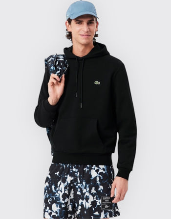 Quattro Stagioni black cotton hoodie with drawstring hood and small green crocodile logo. Casual style.