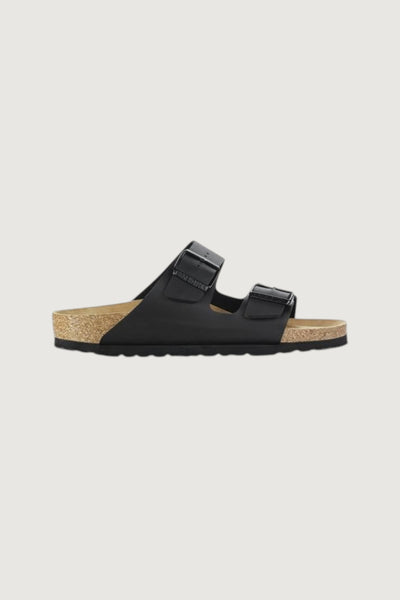 Quattro Stagioni Arizona black Birko-Flor sandals with cork footbed and adjustable buckles.