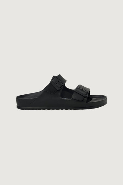 Quattro Stagioni black EVA Birkenstock Arizona sandals with two adjustable buckles and anatomically shaped footbed.