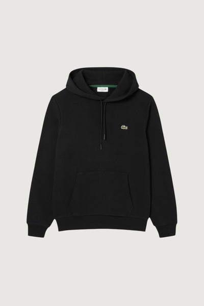 Quattro Stagioni black cotton hoodie with drawstring hood, front pocket, and small green crocodile logo.