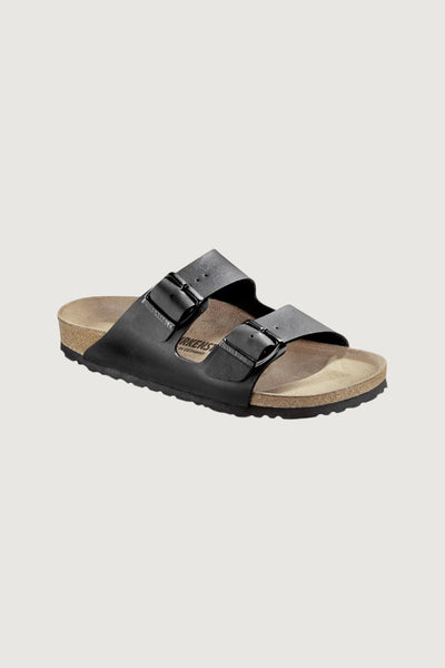 Quattro Stagioni Arizona black leather sandals with two adjustable buckles and cork footbed.
