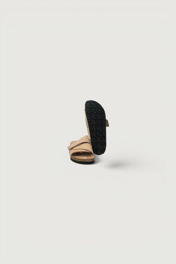 Quattro Stagioni Kyoto beige suede sandals with adjustable velcro straps and cork footbed.