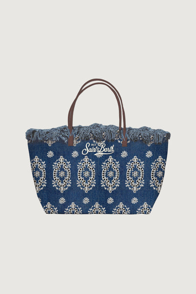 SAINTBARTH MC2-CBMF001 01773L-CITY BAG MID FRINGE SANGALLO DENIM DARK EMB