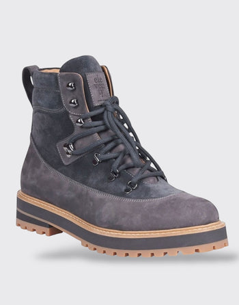 Quattro Stagioni grey suede leather lace-up hiking boots with pull-tab and lug sole.