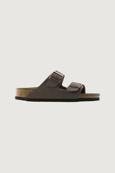 Quattro Stagioni Arizona mocca brown nubuck leather sandals with two adjustable straps and buckle closures. Anatomical cork footbed.