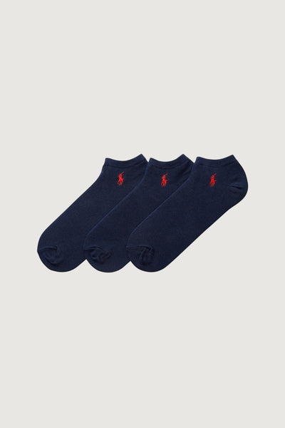 Quattro Stagioni navy blue cotton blend ankle socks, three-pack with red logo embroidery.