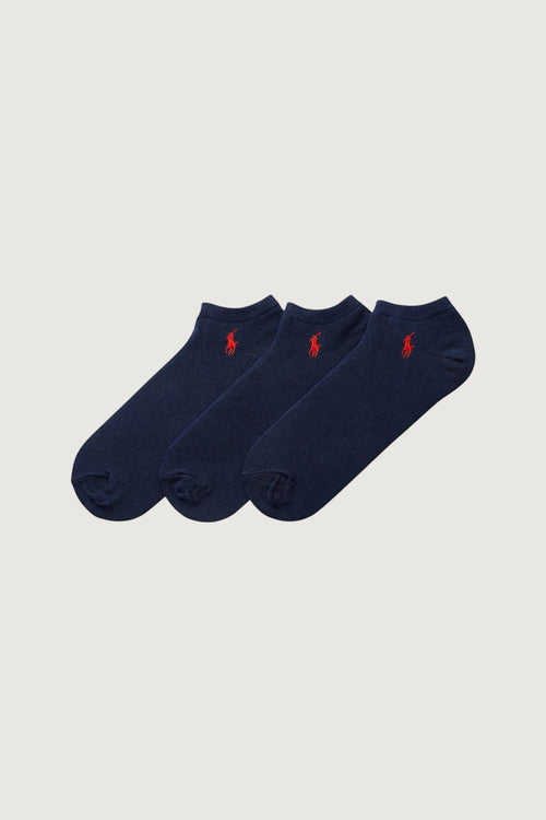 Quattro Stagioni navy blue cotton blend ankle socks, three-pack with red logo embroidery.