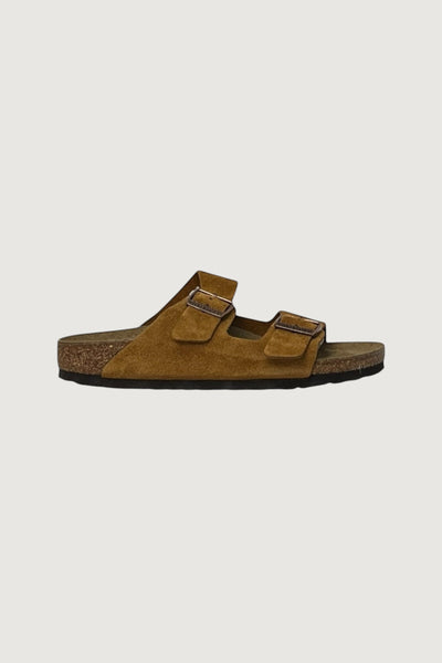 Quattro Stagioni Arizona suede sandals in tan with two adjustable buckles and cork footbed.