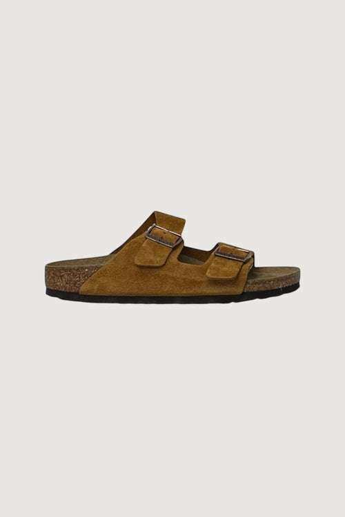 Quattro Stagioni Arizona suede sandals in tan with two adjustable buckles and cork footbed.