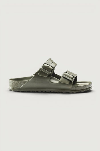 Quattro Stagioni khaki green EVA Birkenstock Arizona sandals with two adjustable buckle straps and anatomically shaped footbed.
