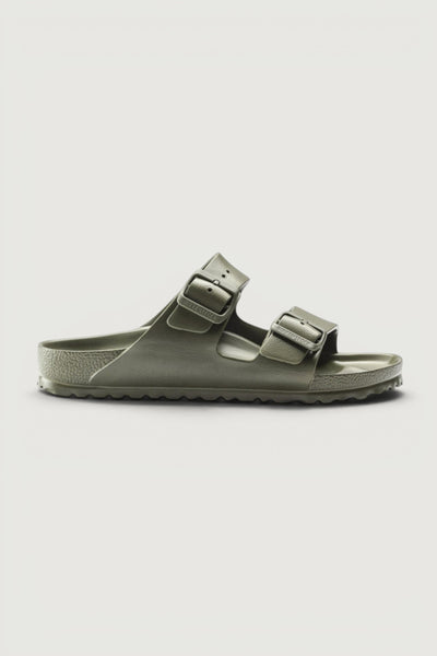 Quattro Stagioni khaki green EVA Birkenstock Arizona sandals with two adjustable buckle straps and anatomically shaped footbed.