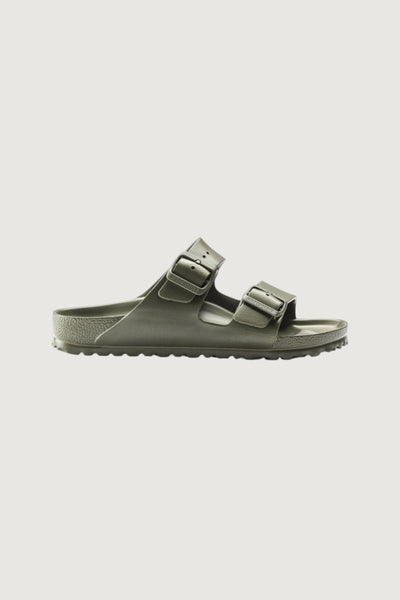 Quattro Stagioni khaki green EVA Birkenstock Arizona sandals with two adjustable buckle straps and anatomically shaped footbed.