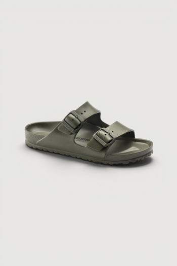 Quattro Stagioni khaki green EVA Birkenstock Arizona sandals with adjustable buckles and anatomically shaped footbed.