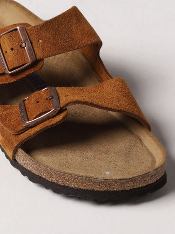 Quattro Stagioni Arizona SFB tobacco suede sandals with adjustable straps and cork sole. Narrow fit.