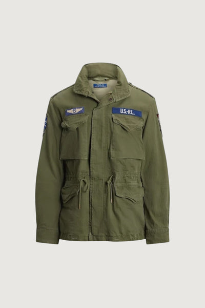 Quattro Stagioni olive green cotton field jacket with U.S.-RL patch and bi-swing design for movement.