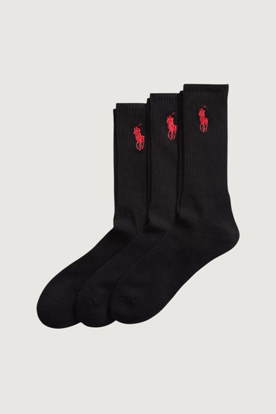 Quattro Stagioni black cotton crew socks, 3-pack, with red Big Pony embroidery on the cuff.