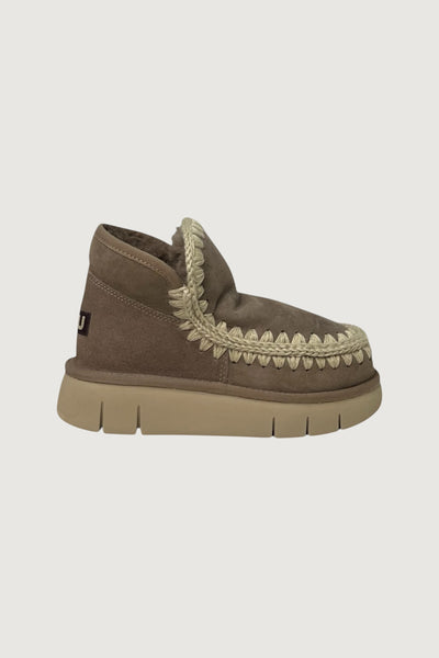 Quattro Stagioni taupe suede Eskimo bounce sneaker with cream crochet trim and thick rubber sole.