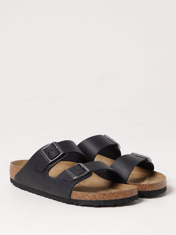 Quattro Stagioni Arizona black matte leather sandals with two adjustable buckles and cork footbed.