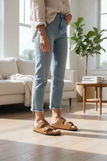 Quattro Stagioni Arizona rivet sandals in tan suede with double buckle closure and stud detailing.