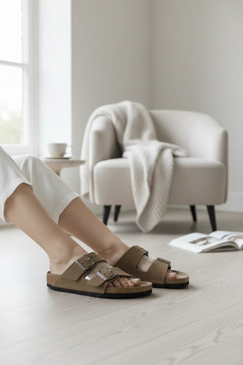 Quattro Stagioni Arizona SFB taupe suede sandals with two adjustable buckles and cork footbed.