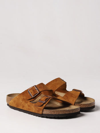 Quattro Stagioni Arizona SFB tobacco suede leather sandals with adjustable buckles and cork footbed.