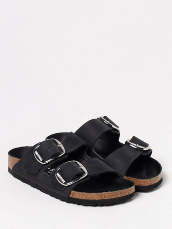 Quattro Stagioni black leather Arizona sandals with large silver buckles and cork footbed.