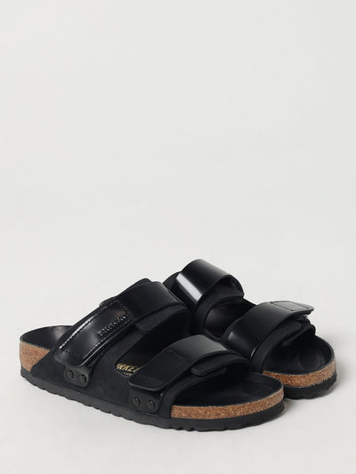 Quattro Stagioni black suede and patent leather double strap sandals with cork footbed.