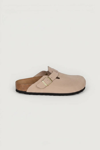 Quattro Stagioni Boston clog in beige suede with adjustable buckle and cork footbed.