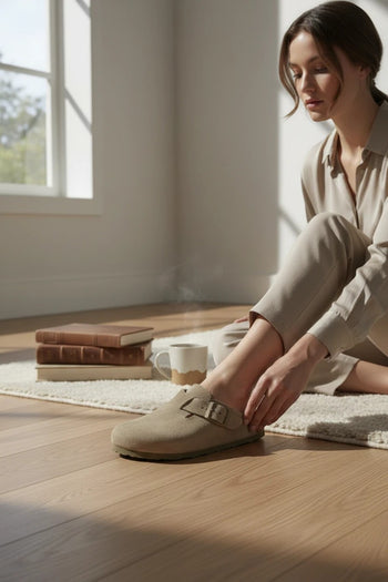 Quattro Stagioni Boston taupe suede clogs with adjustable buckle strap, worn by a woman sitting indoors.